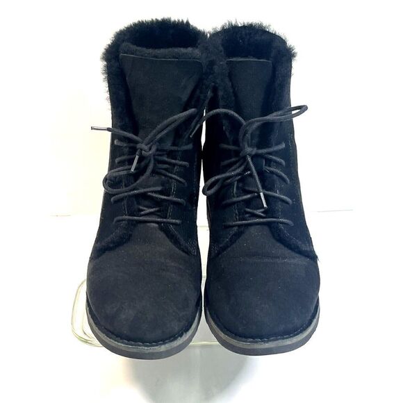 UGG Womens Black Suede Combat Boots Shearling Cuff Size 10 Quincy - Picture 5 of 15